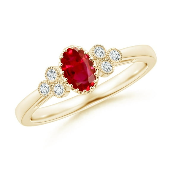 ANGARA Natural Aeon Ruby Solitaire Milgrain Engagement Ring with Trio Accents in 14K Yellow Gold for Women (Size-6x4mm) | July Birthstone, Anniversary, Jewelry Gift for Women | Natural Ruby Ring