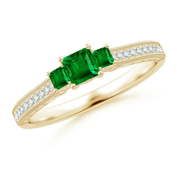 ANGARA Natural Aeon Square Emerald Three Stone Engagement Ring with Milgrain in 14K Yellow Gold for Women (Size-3.5mm) | May Birthstone, Anniversary, Jewelry Gift for Women | Natural Emerald Ring