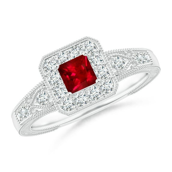 ANGARA Natural Aeon Square Ruby & Diamond Engagement Ring with Milgrain in 14K White Gold for Women (Size-4mm) | July Birthstone, Anniversary, Jewelry Gift for Women | Natural Ruby Ring