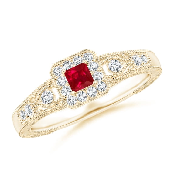 ANGARA Natural Aeon Square Ruby & Diamond Engagement Ring with Milgrain in 14K Yellow Gold for Women (Size-3mm) | July Birthstone, Anniversary, Jewelry Gift for Women | Natural Ruby Ring
