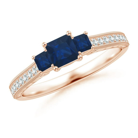 ANGARA Natural Aeon Square Sapphire Three Stone Engagement Ring with Milgrain in 14K Rose Gold for Women (Size-4mm) | September Birthstone, Anniversary, Jewelry Gift for Women | Natural Sapphire Ring