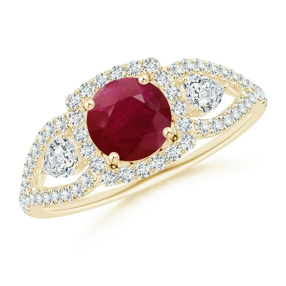 ANGARA Natural Aeon Vintage Inspired 3 Stone 1 ct Ruby & Diamond Halo Engagement Ring in 14K Yellow Gold for Women (Size-6mm) | July Birthstone, Anniversary Jewelry Gift for Women | Natural Ruby Ring