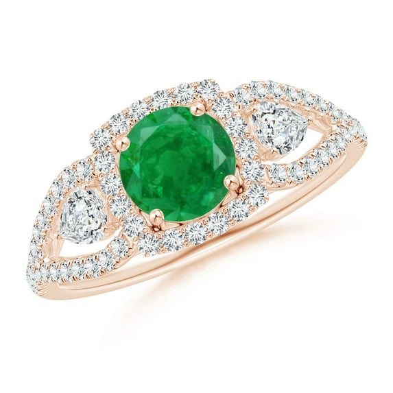 ANGARA Natural Aeon Vintage Inspired 3 Stone Emerald & Diamond Halo Engagement Ring in 14K Rose Gold for Women (Size-6mm) | May Birthstone, Anniversary, Jewelry Gift for Women | Natural Emerald Ring