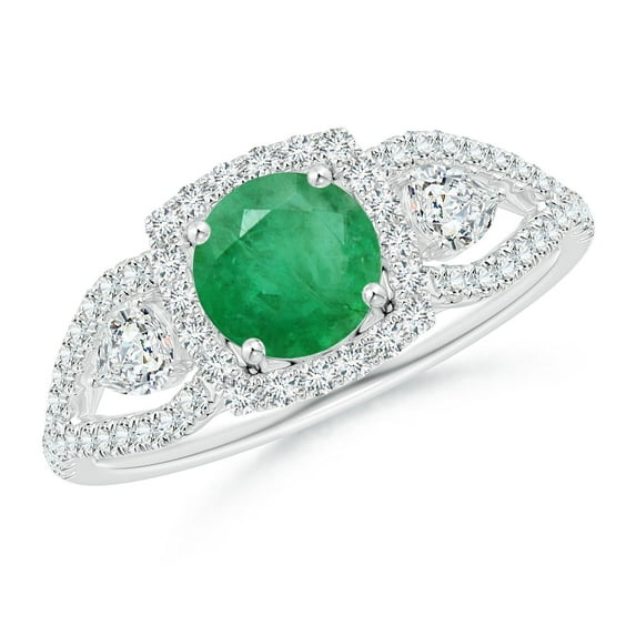 ANGARA Natural Aeon Vintage Inspired 3 Stone Emerald & Diamond Halo Engagement Ring in 14K White Gold for Women (Size-6mm) | May Birthstone, Anniversary, Jewelry Gift for Women | Natural Emerald Ring