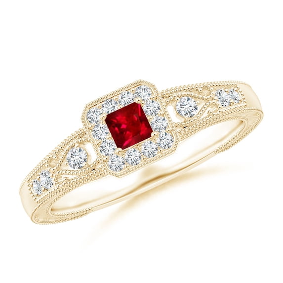 ANGARA Natural Aeon Vintage Inspired Square Ruby and Diamond Halo Engagement Ring with Milgrain in 14K Yellow Gold for Women (Size-3mm) | July Birthstone Jewelry for Her | Natural Ruby Rings