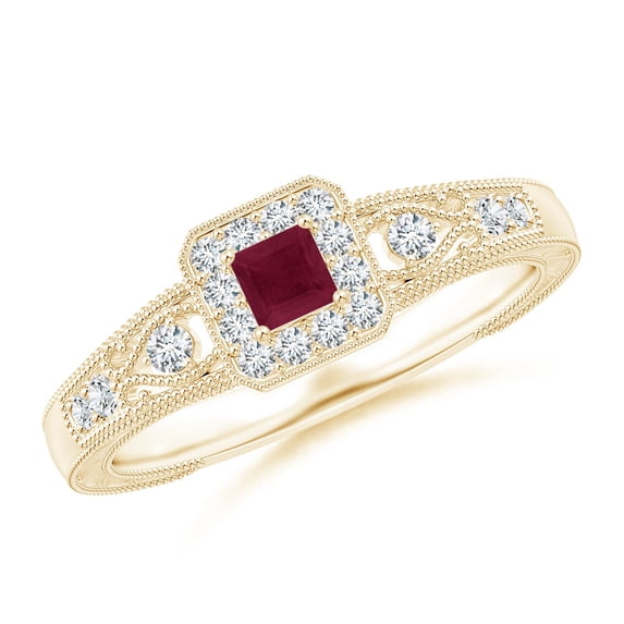 ANGARA Natural Aeon Vintage Inspired Square Ruby and Diamond Halo Engagement Ring with Milgrain in 14K Yellow Gold for Women (Size-3mm) | July Birthstone Jewelry for Her | Natural Ruby Rings