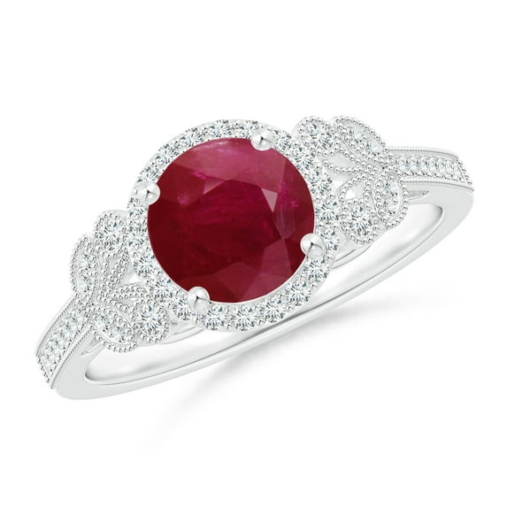 ANGARA Natural Aeon Vintage Style 1.4 ct Ruby Halo Leaf & Vine Engagement Ring with Milgrain in 14K White Gold for Women (Size-7mm) | July Birthstone Jewelry for Her | Natural Ruby Rings