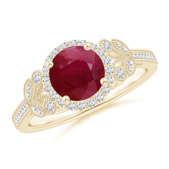 ANGARA Natural Aeon Vintage Style 1.4 ct Ruby Halo Leaf & Vine Engagement Ring with Milgrain in 14K Yellow Gold for Women (Size-7mm) | July Birthstone Jewelry for Her