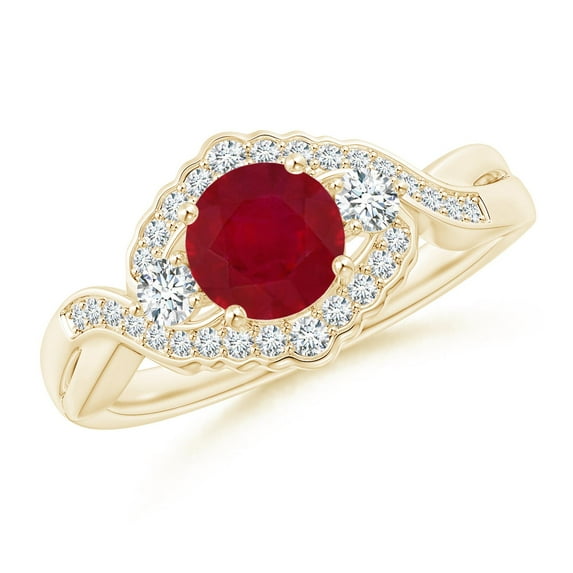 ANGARA Natural Aeon Vintage Style 1 ct Ruby & Diamond Floral Halo Three Stone Engagement Ring in 14K Yellow Gold for Women (Size-6mm) | July Birthstone Jewelry for Her