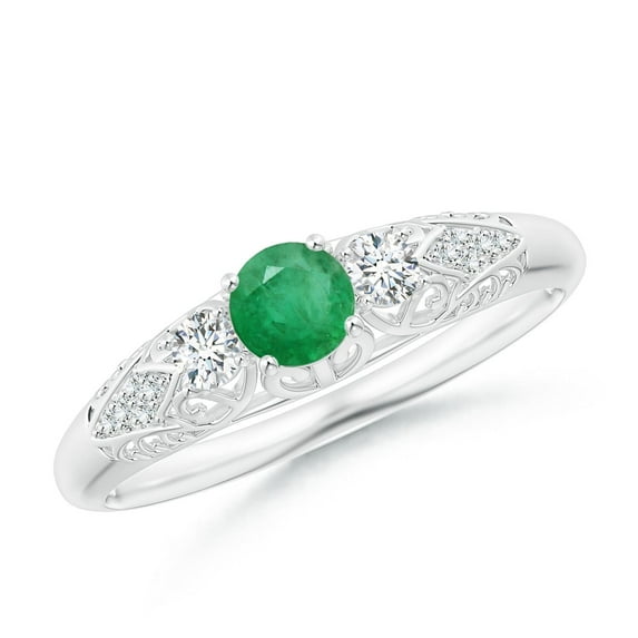 ANGARA Natural Aeon Vintage Style Emerald and Diamond Three Stone Engagement Ring in 14K White Gold for Women (Size-4mm) | May Birthstone, Anniversary, Jewelry Gift for Women | Natural Emerald Ring