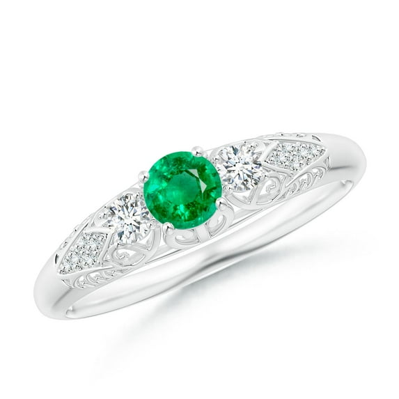 ANGARA Natural Aeon Vintage Style Emerald and Diamond Three Stone Engagement Ring in 14K White Gold for Women (Size-4mm) | May Birthstone, Anniversary, Jewelry Gift for Women | Natural Emerald Ring