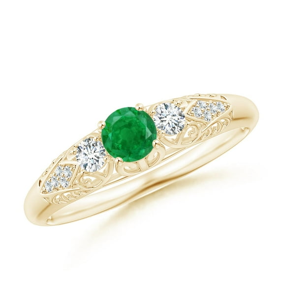 ANGARA Natural Aeon Vintage Style Emerald and Diamond Three Stone Engagement Ring in 14K Yellow Gold for Women (Size-4mm) | May Birthstone, Anniversary, Jewelry Gift for Women | Natural Emerald Ring