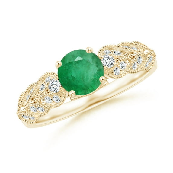 ANGARA Natural Aeon Vintage Style Emerald Solitaire Engagement Ring with Milgrain in 14K Yellow Gold for Women (Size-6mm) | May Birthstone, Anniversary, Jewelry Gift for Women | Natural Emerald Ring
