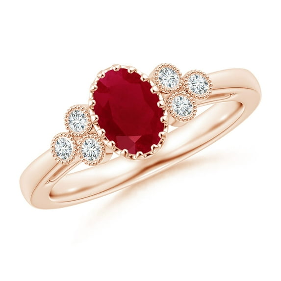 ANGARA Natural Aeon Vintage Style Oval 1 ct Ruby Solitaire Milgrain Engagement Ring with Trio Accents in 14K Rose Gold for Women (Size-7x5mm) | July Birthstone Jewelry for Her | Natural Ruby Rings