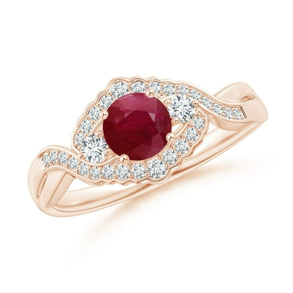 ANGARA Natural Aeon Vintage Style Ruby & Diamond Floral Halo Three Stone Engagement Ring in 14K Rose Gold for Women (Size-5mm) | July Birthstone Jewelry for Her | Natural Ruby Rings