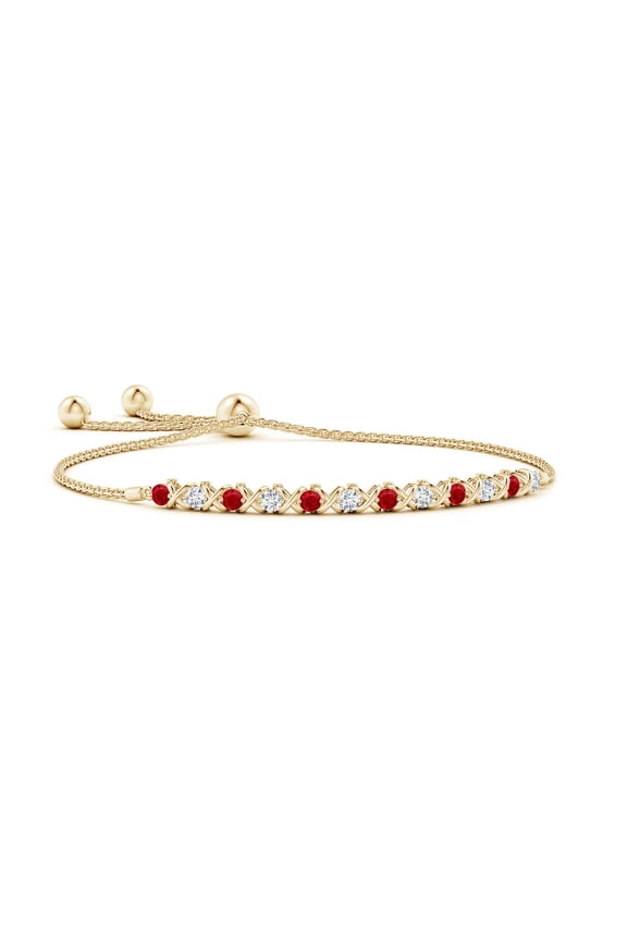 Natural Alternate Ruby and Diamond XO Bolo Bracelet in 14K Yellow Gold for Women (Size-2.8mm) | July Birthstone, Birthday, Anniversary, Jewelry Gift for Women | Natural Ruby Bracelet