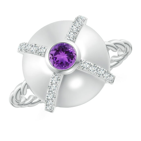 ANGARA Natural Amethyst Aquarius Criss-Cross Domed Ring with Diamonds in 14K White Gold for Women (Size-4mm) | February Birthstone, Anniversary, Jewelry Gift for Women | Natural Amethyst Ring