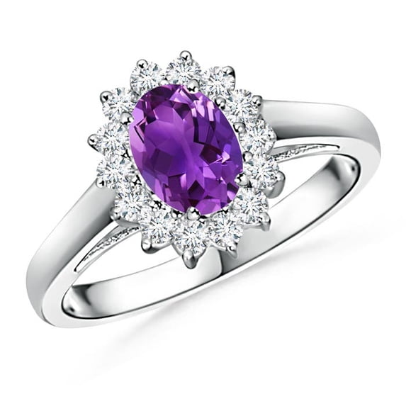 ANGARA Natural Amethyst with Diamond Halo Ring in Platinum for Women, Girls Ring Size-9 (Stone Grade-AAAA, Size-7x5mm) February Birthstone Jewelry Gift for Her Birthday, Wedding Anniversary Engagement