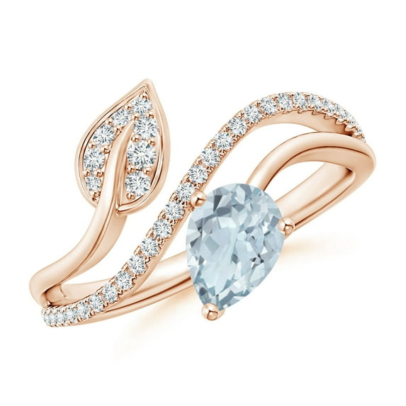 ANGARA Natural Aquamarine and Diamond Bypass Ring with Leaf Motif in 14K Rose Gold for Women (Size-7x5mm) | March Birthstone, Birthday, Anniversary, Jewelry Gift for Women | Natural Aquamarine Ring