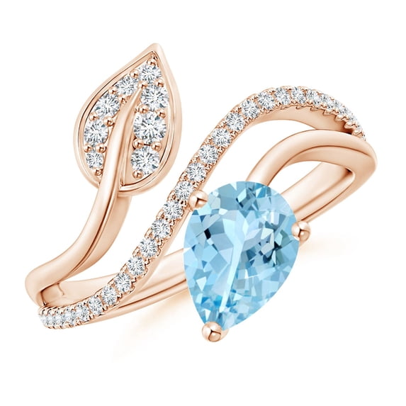 ANGARA Natural Aquamarine and Diamond Bypass Ring with Leaf Motif in 14K Rose Gold for Women (Size-8x6mm) | March Birthstone, Birthday, Anniversary, Jewelry Gift for Women | Natural Aquamarine Ring