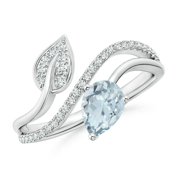 ANGARA Natural Aquamarine and Diamond Bypass Ring with Leaf Motif in 14K White Gold for Women (Size-7x5mm) | March Birthstone, Birthday, Anniversary, Jewelry Gift for Women | Natural Aquamarine Ring