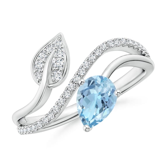 ANGARA Natural Aquamarine and Diamond Bypass Ring with Leaf Motif in 14K White Gold for Women (Size-7x5mm) | March Birthstone, Birthday, Anniversary, Jewelry Gift for Women | Natural Aquamarine Ring