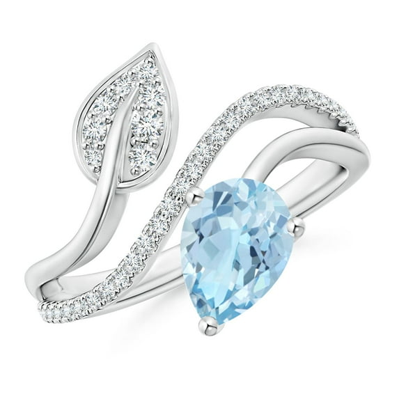 ANGARA Natural Aquamarine and Diamond Bypass Ring with Leaf Motif in 14K White Gold for Women (Size-8x6mm) | March Birthstone, Birthday, Anniversary, Jewelry Gift for Women | Natural Aquamarine Ring