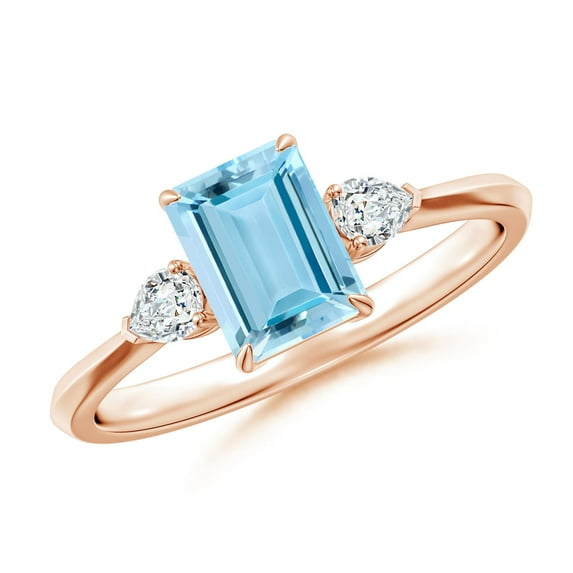 ANGARA Natural Aquamarine and Pear Diamond Three Stone Engagement Ring in 14K Rose Gold for Women (Size-7x5mm) | March Birthstone, Anniversary, Jewelry Gift for Women | Natural Aquamarine Ring