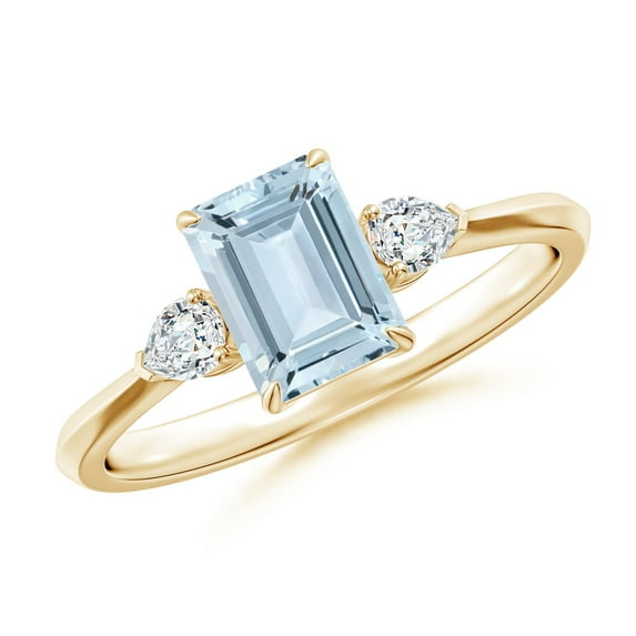 ANGARA Natural Aquamarine and Pear Diamond Three Stone Engagement Ring in 14K Yellow Gold for Women (Size-7x5mm) | March Birthstone, Anniversary, Jewelry Gift for Women | Natural Aquamarine Ring