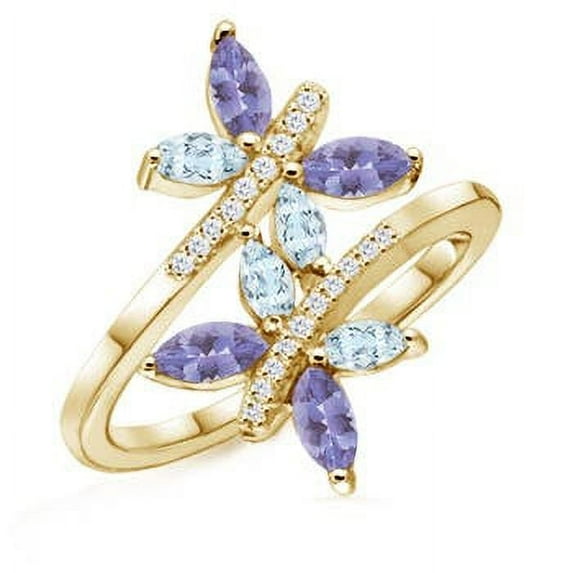 ANGARA Natural Aquamarine and Tanzanite Butterfly Bypass Ring in 14K Yellow Gold for Women (Size-5x2.5mm) | December Birthstone, Birthday, Anniversary, Jewelry Gift for Women | Natural Tanzanite Ring