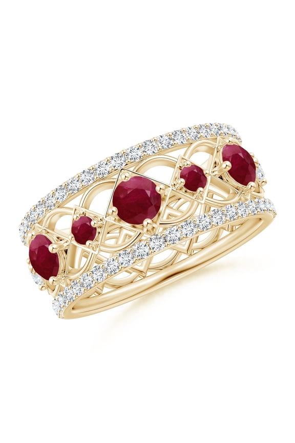 Natural Art Deco Inspired Graduated Ruby and Diamond Ring in 14K Yellow Gold for Women (Size-3.8mm) | July Birthstone, Birthday, Anniversary, Jewelry Gift for Women | Natural Ruby Ring