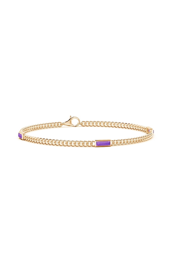 Natural Baguette Amethyst Three Stone Curb Link Chain Bracelet in 14K Yellow Gold for Women (Size-6x2mm) | February Birthstone, Anniversary, Jewelry Gift for Women | Natural Amethyst Bracelet