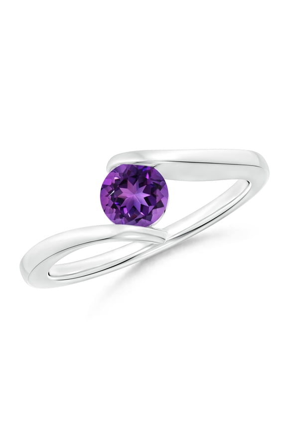 Natural Bar-Set Solitaire Round Amethyst Bypass Ring in Platinum for Women (Size-5mm) | February Birthstone, Birthday, Anniversary, Jewelry Gift for Women | Natural Amethyst Ring