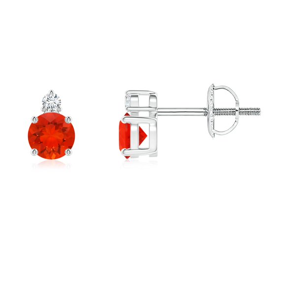 ANGARA Natural Basket-Set Round Fire Opal Stud Earrings with Diamond in 14K White Gold for Women (Size-4mm) | October Birthstone, Anniversary, Jewelry Gift for Women | Natural Fire Opal Earrings