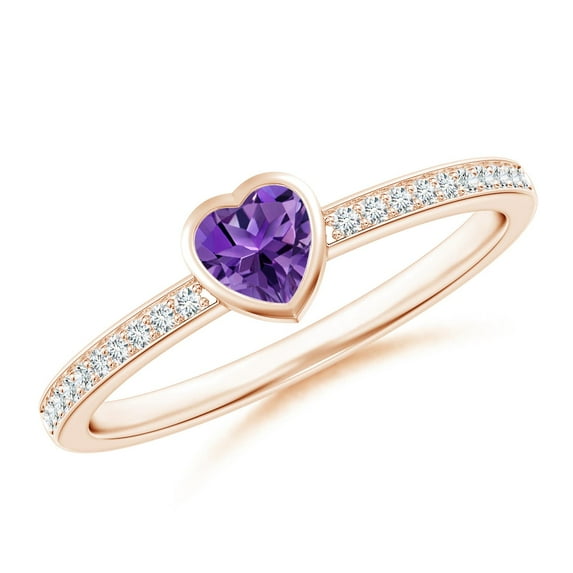ANGARA Natural Bezel Heart Amethyst Promise Ring with Diamond Accents in 14K Rose Gold for Women (Size-4mm) | February Birthstone, Anniversary, Jewelry Gift for Women | Natural Amethyst Ring