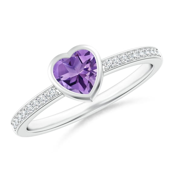 ANGARA Natural Bezel Heart Amethyst Promise Ring with Diamond Accents in 14K White Gold for Women (Size-5mm) | February Birthstone, Anniversary, Jewelry Gift for Women | Natural Amethyst Ring
