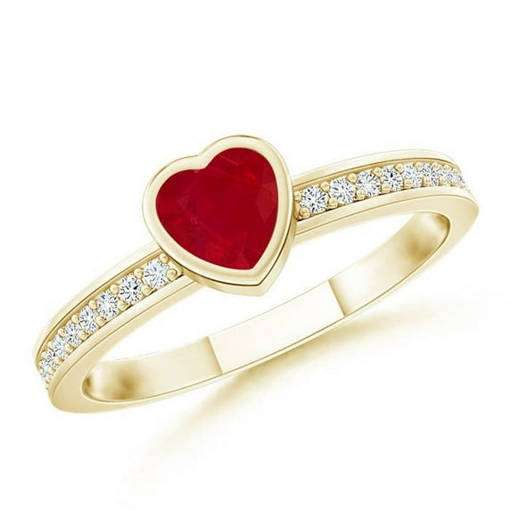 ANGARA Natural Bezel Heart Ruby Promise Ring with Diamond Accents in 14K Yellow Gold for Women (Size-4mm) | July Birthstone, Birthday, Anniversary, Jewelry Gift for Women | Natural Ruby Ring