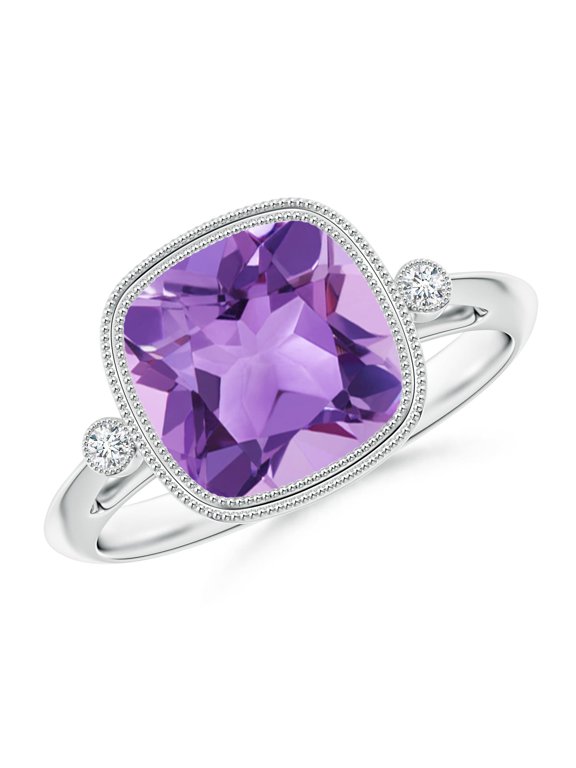 Natural Bezel Set Cushion 3.1 ct Amethyst Ring with Milgrain Detailing in 14K White Gold for Women (Size-9mm) | February Birthstone, Anniversary, Jewelry Gift for Women | Natural Amethyst Ring