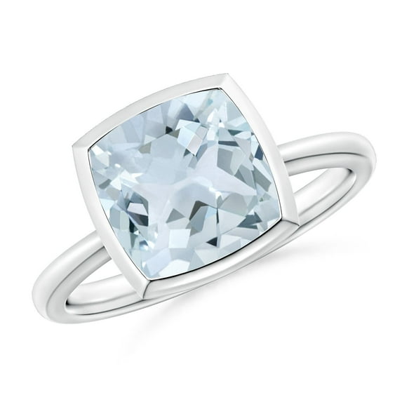 ANGARA Natural Bezel-Set Solitaire Cushion 2.7 ct Aquamarine Ring in 14K White Gold for Women (Size-9mm) | March Birthstone, Birthday, Anniversary, Jewelry Gift for Women | Natural Aquamarine Ring