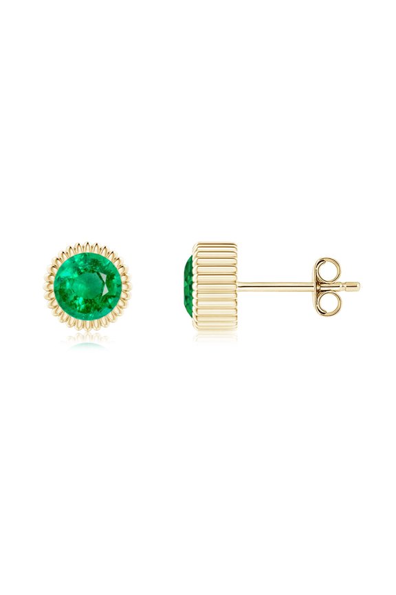 Natural Bezel-Set Solitaire Round Emerald Beaded Halo Studs in 14K Yellow Gold for Women (Size-5mm) | May Birthstone, Birthday, Anniversary, Jewelry Gift for Women | Natural Emerald Earrings