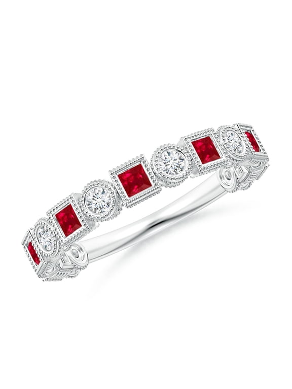 Natural Bezel-Set Square Ruby and Round Diamond Ring in 14K White Gold for Women (Size-2mm) | July Birthstone, Birthday, Anniversary, Jewelry Gift for Women | Natural Ruby Ring