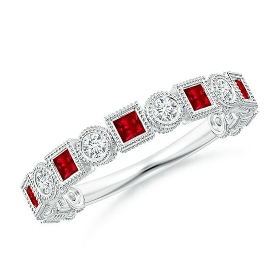 ANGARA Natural Bezel-Set Square Ruby and Round Diamond Ring in 14K White Gold for Women (Size-2mm) | July Birthstone Jewelry for Her | Natural Ruby Rings