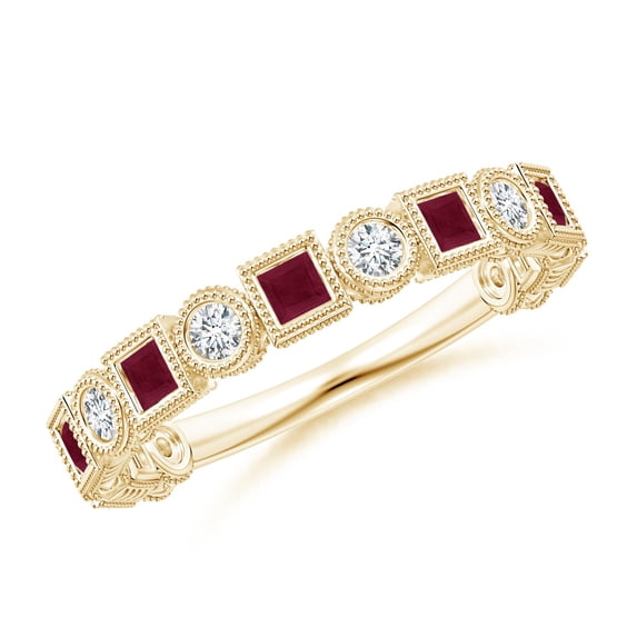 ANGARA Natural Bezel-Set Square Ruby and Round Diamond Ring in 14K Yellow Gold for Women (Size-2mm) | July Birthstone Jewelry for Her | Natural Ruby Rings