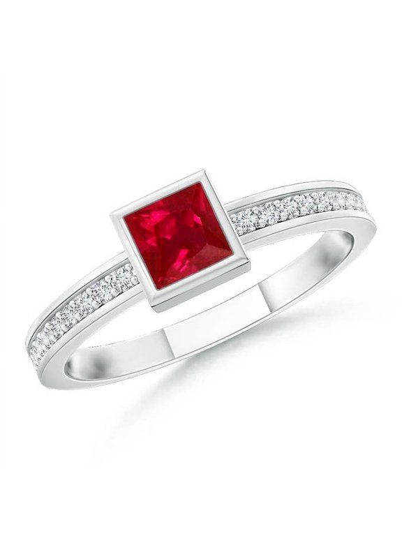 Natural Bezel-Set Square Ruby Stackable Promise Ring in 14K White Gold for Women (Size-3mm) | July Birthstone Jewelry for Her | Natural Ruby Rings