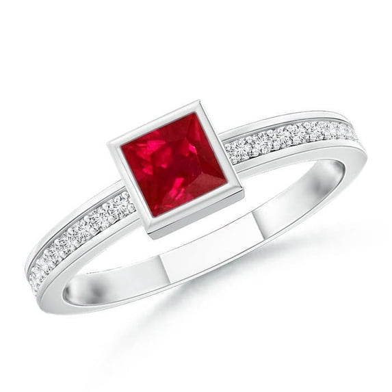 ANGARA Natural Bezel-Set Square Ruby Stackable Promise Ring in 14K White Gold for Women (Size-3mm) | July Birthstone Jewelry for Her