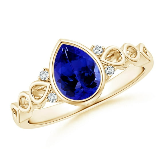 ANGARA Natural Bezel Set Vintage Pear 1.1 ct Tanzanite Ring with Diamonds in 14K Yellow Gold for Women (Size-8x6mm) | December Birthstone, Anniversary, Jewelry Gift for Women | Natural Tanzanite Ring