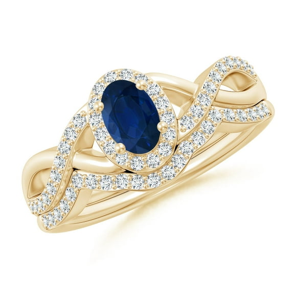 ANGARA Natural Blue Sapphire and Diamond Crossover Bridal Set in 14K Yellow Gold for Women (Size-6x4mm) | September Birthstone, Anniversary, Jewelry Gift for Women | Natural Blue Sapphire Ring