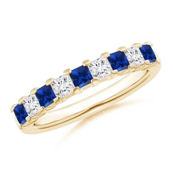 ANGARA Natural Blue Sapphire and Diamond Semi Eternity Wedding Ring in 14K Yellow Gold for Women (Size-2.6mm) | September Birthstone, Anniversary, Jewelry Gift for Women | Natural Blue Sapphire Ring