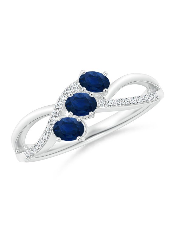 Natural Blue Sapphire Ring for Women - Oval Sapphire Three Stone Ring with Diamonds in Sterling Silver | Main Stone Size - 4x3mm | Ring Size - 6