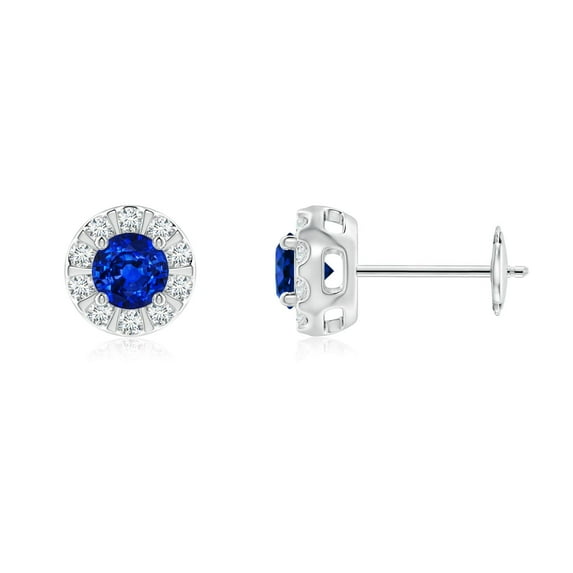 ANGARA Natural Blue Sapphire Stud Earrings with Bar-Set Diamond Halo in 14K White Gold for Women (Size-4mm) | September Birthstone, Anniversary Jewelry Gift for Women | Natural Blue Sapphire Earrings